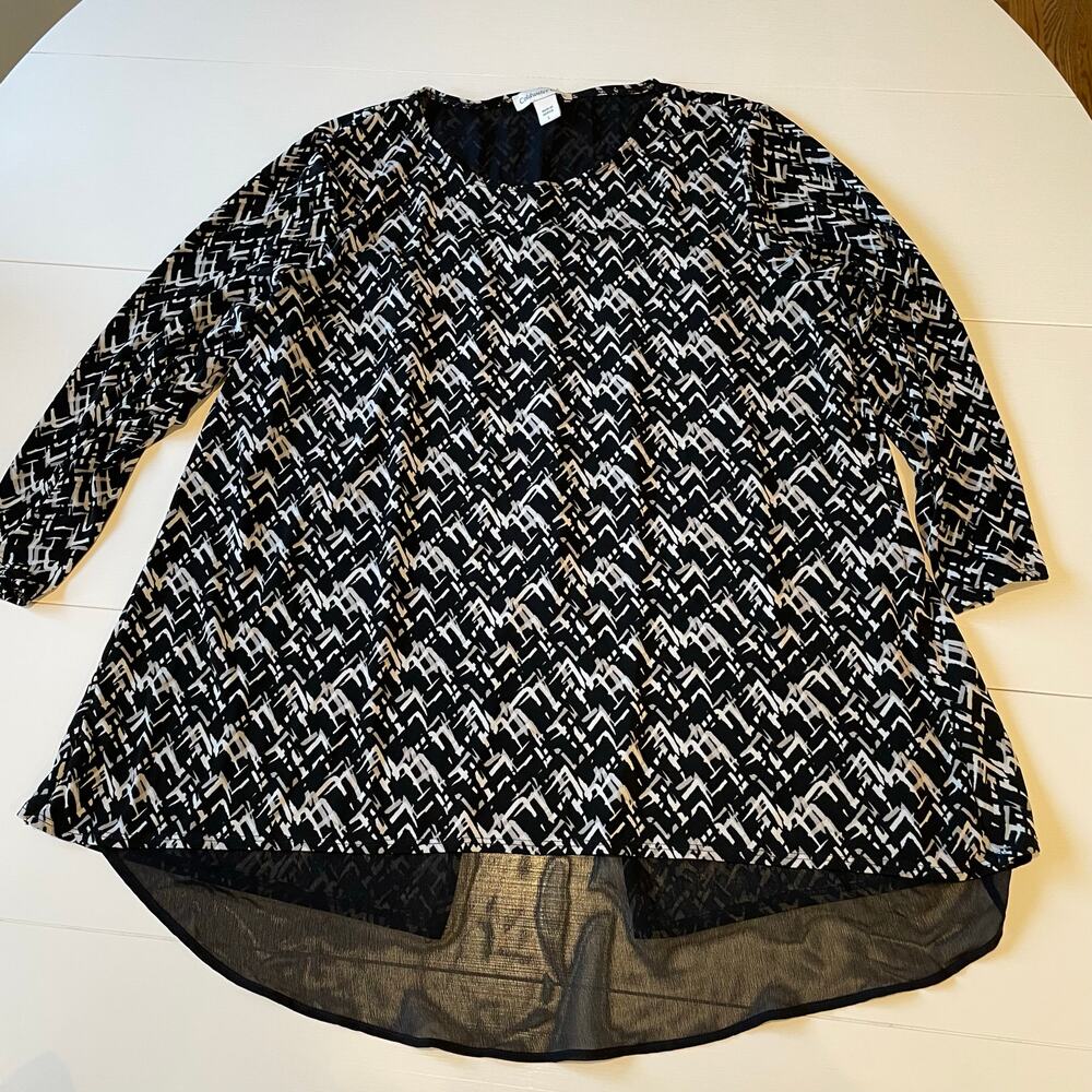 Coldwater Creek Tunic Top Split Back Sz L Geometric Print Black Gray Stretch - Picture 8 of 10
